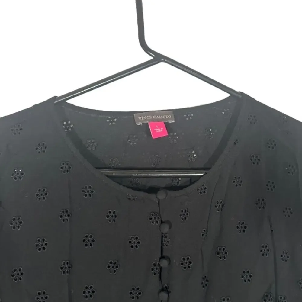 Vince Camuto Black Floral Embroidered Half Button Front Blouse Women Sz L - Picture 5 of 9